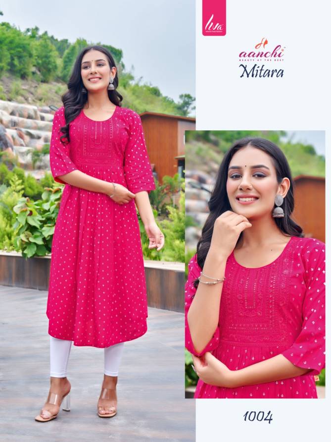 Mitara By Aanchi Rayon Embroidery Printed Kurtis Wholesale Market In Surat
